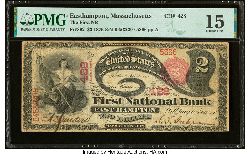 image for: Easthampton, MA - $2 1875 Fr. 392 The First National Bank Ch. # 428 PMG Choice Fine 15....