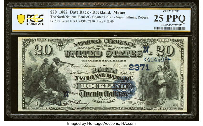 image for: Rockland, ME - $20 1882 Date Back Fr. 553 The North National Bank Ch. # (N)2371 PCGS Banknote Very Fine 25 PPQ....