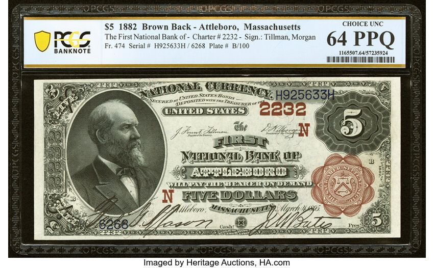 image for: Attleboro, MA - $5 1882 Brown Back Fr. 474 The First National Bank Ch. # (N)2232 PCGS Banknote Choice Unc 64 PPQ....