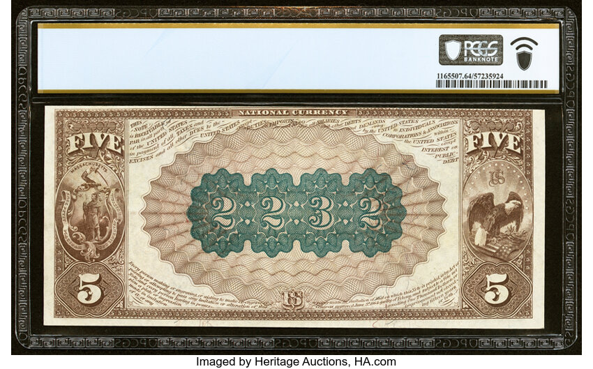 image for: Attleboro, MA - $5 1882 Brown Back Fr. 474 The First National Bank Ch. # (N)2232 PCGS Banknote Choice Unc 64 PPQ....
