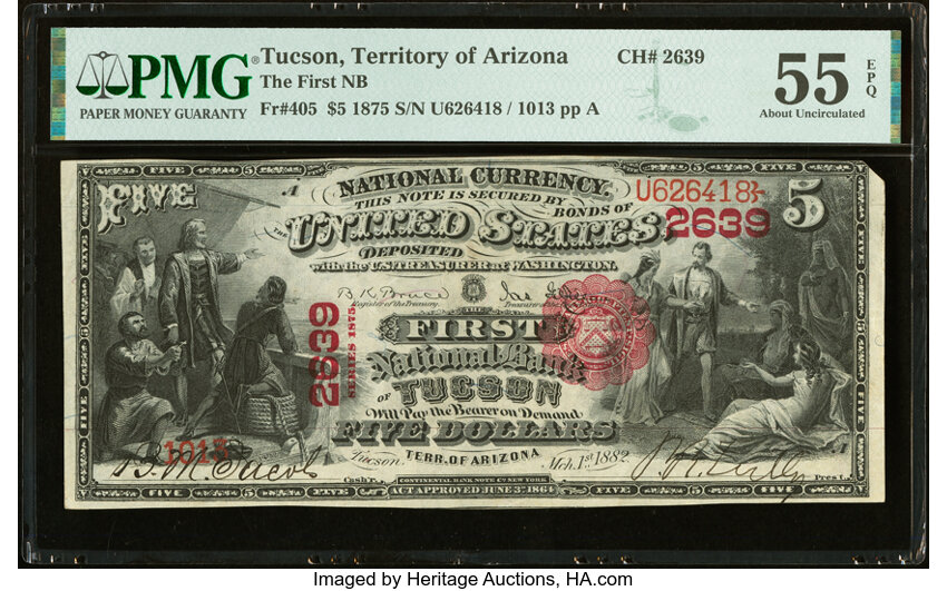 image for: Tucson, AZ - $5 1875 Fr. 405 The First National Bank Ch. # 2639 PMG About Uncirculated 55 EPQ....