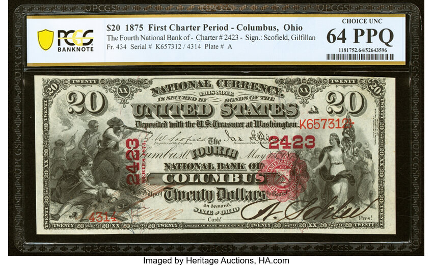 image for: Columbus, OH - $20 1875 Fr. 434 The Fourth National Bank Ch. # 2423 PCGS Banknote Choice Unc 64 PPQ....