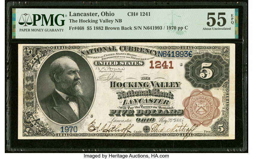 image for: Lancaster, OH - $5 1882 Brown Back Fr. 468 The Hocking Valley National Bank Ch. # 1241 PMG About Uncirculated 55 EPQ....