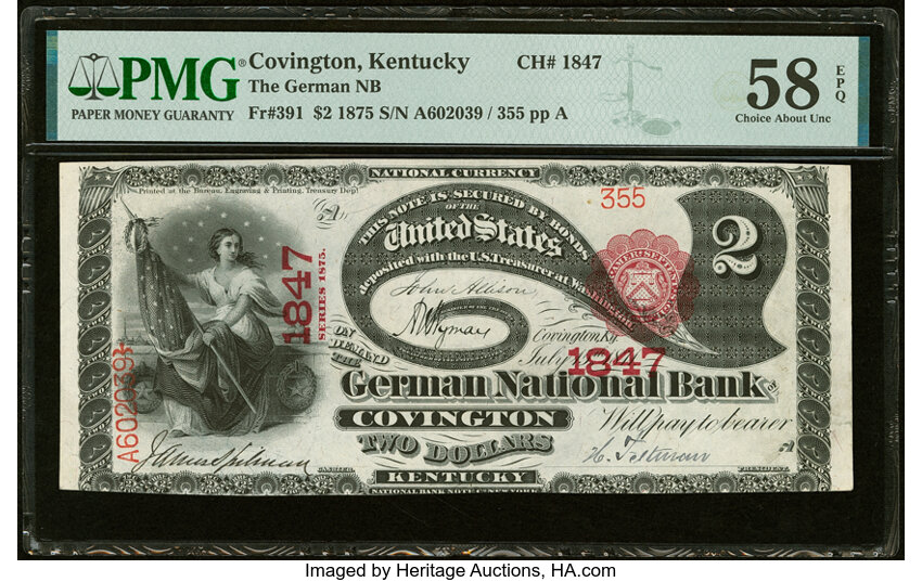 image for: Covington, KY - $2 1875 Fr. 391 The German National Bank Ch. # 1847 PMG Choice About Unc 58 EPQ....