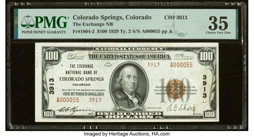image for: Colorado Springs, CO - $100 1929 Ty. 2 The Exchange National Bank Ch. # 3913 PMG Choice Very Fine 35....