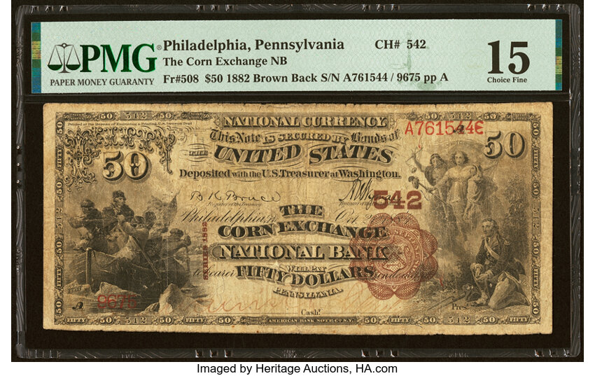 image for: Philadelphia, PA - $50 1882 Brown Back Fr. 508 The Corn Exchange National Bank Ch. # 542 PMG Choice Fine 15....
