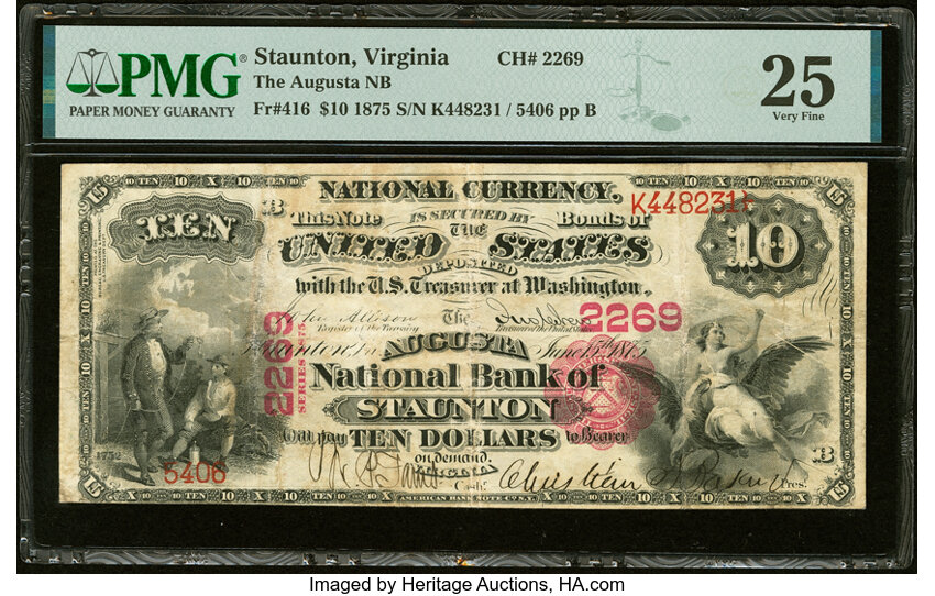 image for: Staunton, VA - $10 1875 Fr. 416 The Augusta National Bank Ch. # 2269 PMG Very Fine 25....