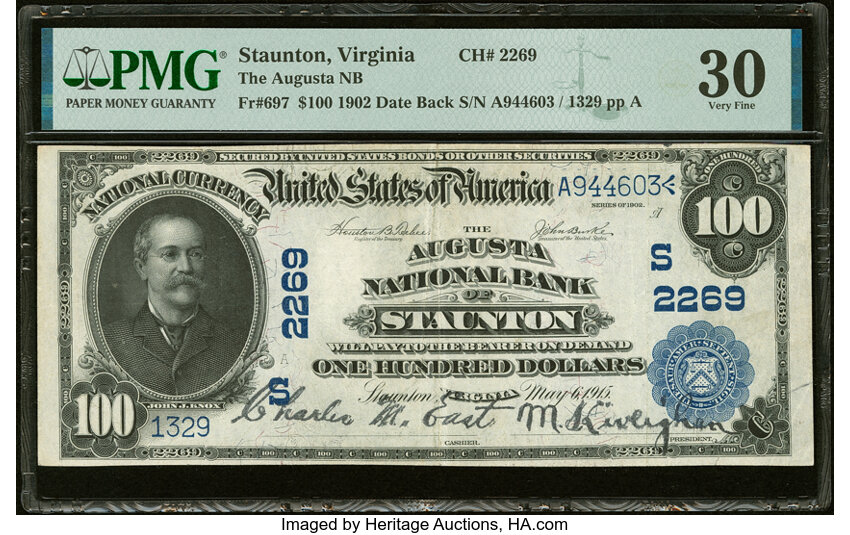 image for: Staunton, VA - $100 1902 Date Back Fr. 697 The Augusta National Bank Ch. # (S)2269 PMG Very Fine 30....