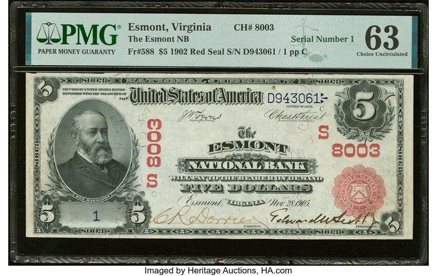 image for: Serial Number 1 Esmont, VA - $5 1902 Red Seal Fr. 588 The Esmont National Bank Ch. # (S)8003 PMG Choice Uncirculated 63....