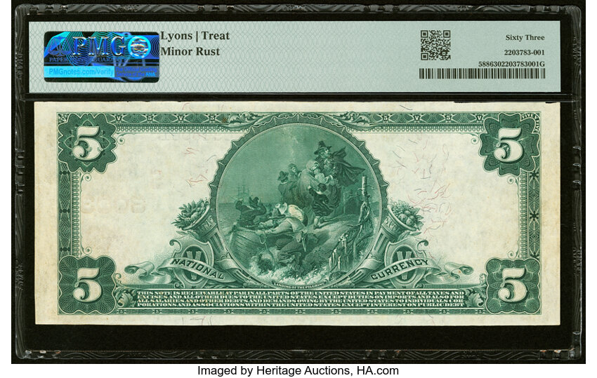 image for: Serial Number 1 Esmont, VA - $5 1902 Red Seal Fr. 588 The Esmont National Bank Ch. # (S)8003 PMG Choice Uncirculated 63....