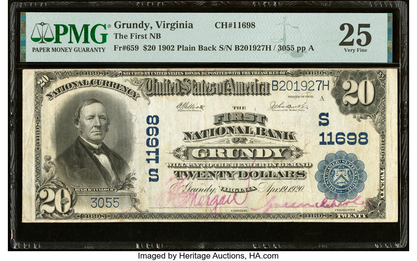 image for: Grundy, VA - $20 1902 Plain Back Fr. 659 The First National Bank Ch. # (S)11698 PMG Very Fine 25....
