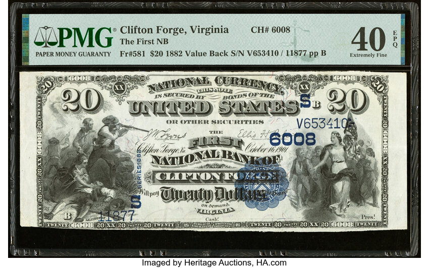 image for: Clifton Forge, VA - $20 1882 Value Back Fr. 581 The First National Bank Ch. # (S)6008 PMG Extremely Fine 40 EPQ....