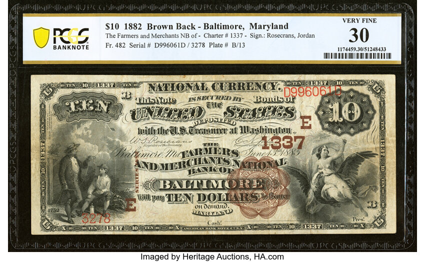 image for: Baltimore, MD - $10 1882 Brown Back Fr. 482 The Farmers & Merchants National Bank Ch. # (E)1337 PCGS Banknote Very Fine 30....