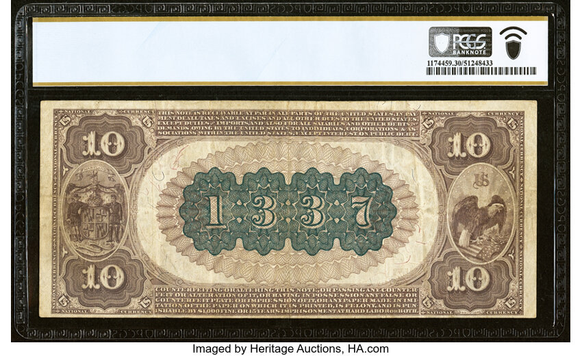 image for: Baltimore, MD - $10 1882 Brown Back Fr. 482 The Farmers & Merchants National Bank Ch. # (E)1337 PCGS Banknote Very Fine 30....