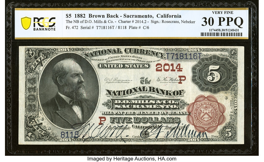 image for: Sacramento, CA - $5 1882 Brown Back Fr. 472 The National Bank of D.O. Mills & Co. Ch. # (P)2014 PCGS Banknote Very Fine 30 PPQ...