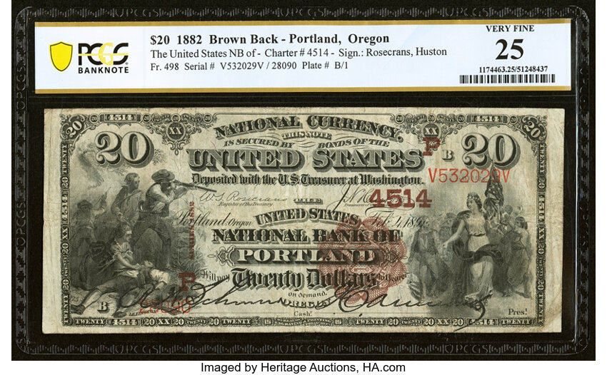 image for: Portland, OR - $20 1882 Brown Back Fr. 498 The United States National Bank Ch. # (P)4514 PCGS Banknote Very Fine 25....