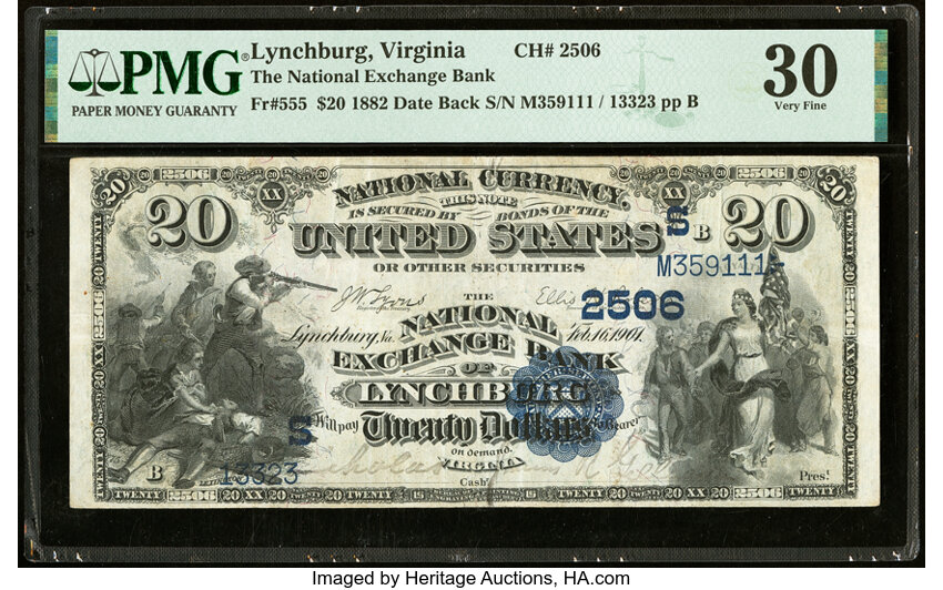 image for: Lynchburg, VA - $20 1882 Date Back Fr. 555 The National Exchange Bank Ch. # (S)2506 PMG Very Fine 30....