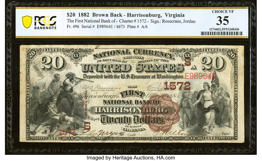 image for: Harrisonburg, VA - $20 1882 Brown Back Fr. 496 The First National Bank Ch. # (S)1572 PCGS Banknote Choice VF 35....