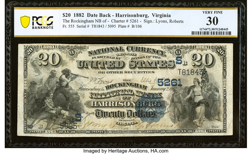 image for: Harrisonburg, VA - $20 1882 Date Back Fr. 555 The Rockingham National Bank Ch. # (S)5261 PCGS Banknote Very Fine 30....