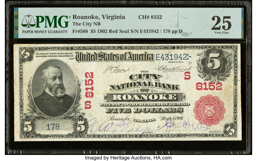 image for: Roanoke, VA - $5 1902 Red Seal Fr. 588 The City National Bank Ch. # (S)8152 PMG Very Fine 25....
