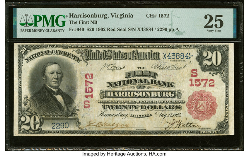image for: Harrisonburg, VA - $20 1902 Red Seal Fr. 640 The First National Bank Ch. # (S)1572 PMG Very Fine 25....