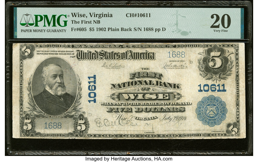 image for: Wise, VA - $5 1902 Plain Back Fr. 605 The First National Bank Ch. # 10611 PMG Very Fine 20....