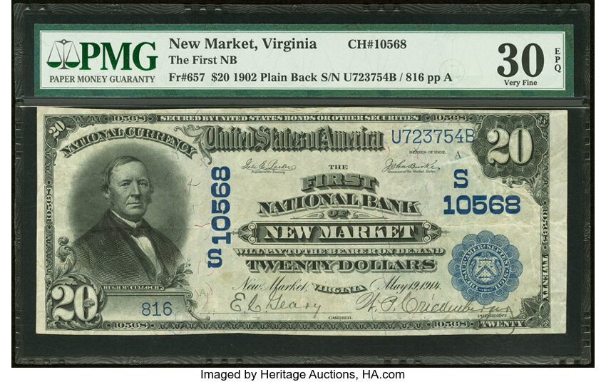 image for: New Market, VA - $20 1902 Plain Back Fr. 657 The First National Bank Ch. # 10568 PMG Very Fine 30 EPQ....