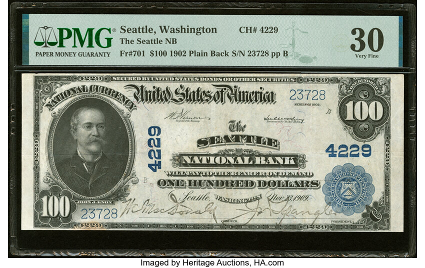 image for: Seattle, WA - $100 1902 Plain Back Fr. 701 The Seattle National Bank Ch. # 4229 PMG Very Fine 30....