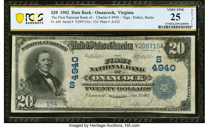 image for: Onancock, VA - $20 1902 Date Back Fr. 649 The First National Bank Ch. # (S)4940 PCGS Banknote Very Fine 25 Details....