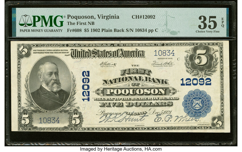 image for: Poquoson, VA - $5 1902 Plain Back Fr. 608 The First National Bank Ch. # 12092 PMG Choice Very Fine 35 EPQ....