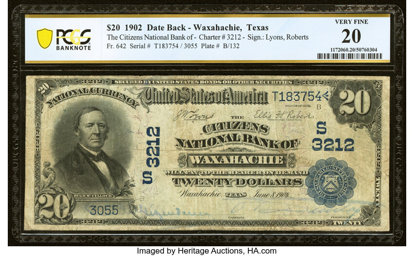 image for: Waxahachie, TX - $20 1902 Date Back Fr. 642 The Citizens National Bank Ch. # (S)3212 PCGS Banknote Very Fine 20....