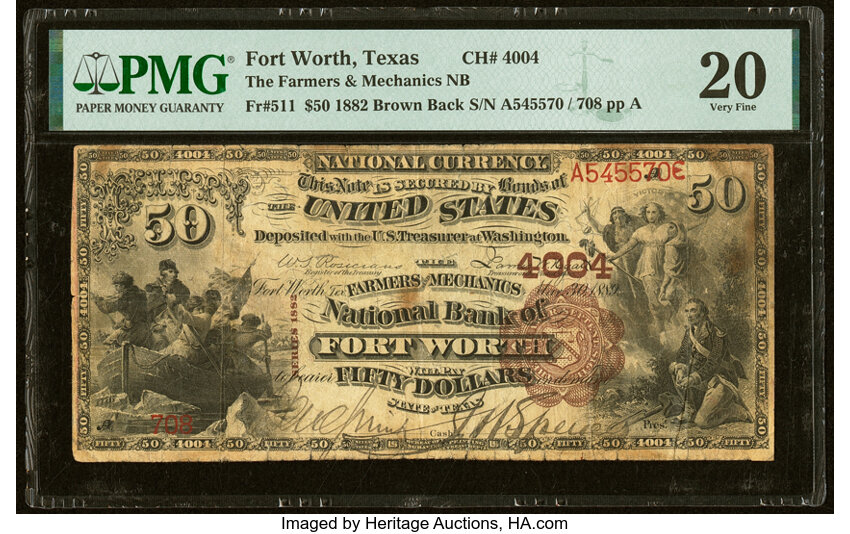image for: Fort Worth, TX - $50 1882 Brown Back Fr. 511 The Farmers and Mechanics National Bank Ch. # 4004 PMG Very Fine 20....