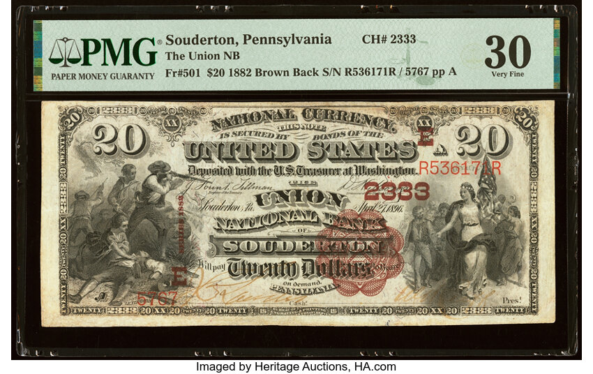 image for: Souderton, PA - $20 1882 Brown Back Fr. 501 The Union National Bank Ch. # (E)2333 PMG Very Fine 30....