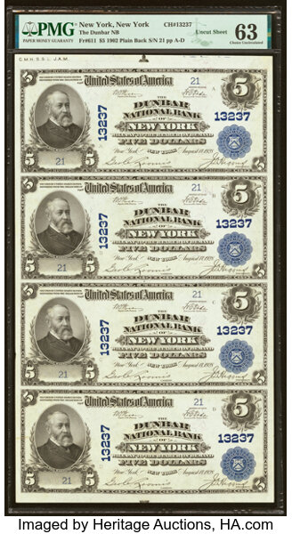 image for: New York, NY - $5 1902 Plain Back Fr. 611 The Dunbar National Bank Ch. # 13237 Uncut Sheet PMG Choice Uncirculated 63....