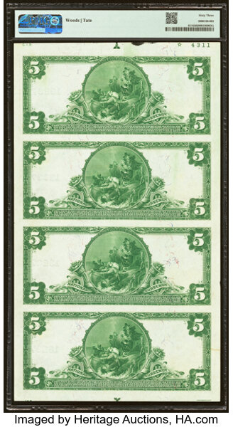 image for: New York, NY - $5 1902 Plain Back Fr. 611 The Dunbar National Bank Ch. # 13237 Uncut Sheet PMG Choice Uncirculated 63....