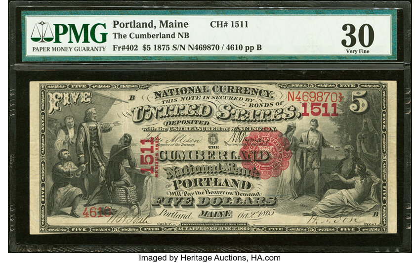 image for: Portland, ME - $5 1875 Fr. 402 The Cumberland National Bank Ch. # 1511 PMG Very Fine 30....