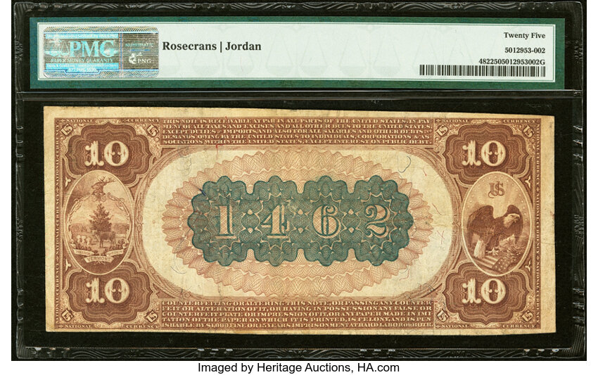 image for: Waterbury, VT - $10 1882 Brown Back Fr. 482 The Waterbury National Bank Ch. # 1462 PMG Very Fine 25....