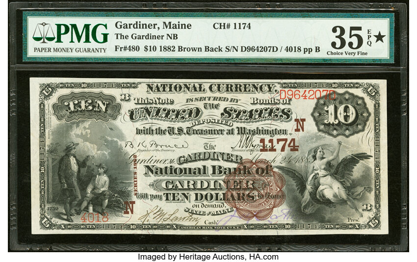 image for: Gardiner, ME - $10 1882 Brown Back Fr. 480 The Gardiner National Bank Ch. # (N)1174 PMG Choice Very Fine 35 EPQ*....
