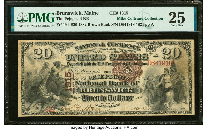 image for: Brunswick, ME - $20 1882 Brown Back Fr. 494 The Pejepscot National Bank Ch. # 1315 PMG Very Fine 25....