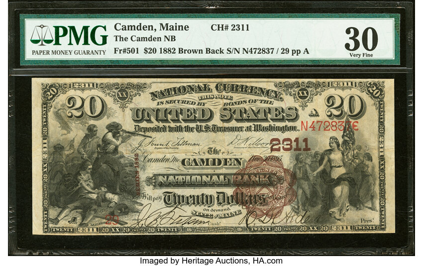 image for: Camden, ME - $20 1882 Brown Back Fr. 501 The Camden National Bank Ch. # 2311 PMG Very Fine 30....
