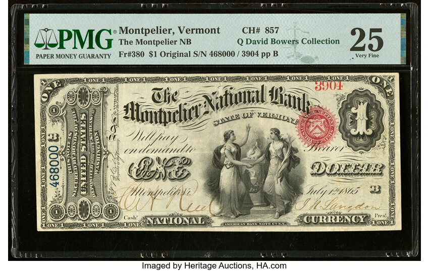 image for: Montpelier, VT - $1 Original Fr. 380 The Montpelier National Bank Ch. # 857 PMG Very Fine 25....