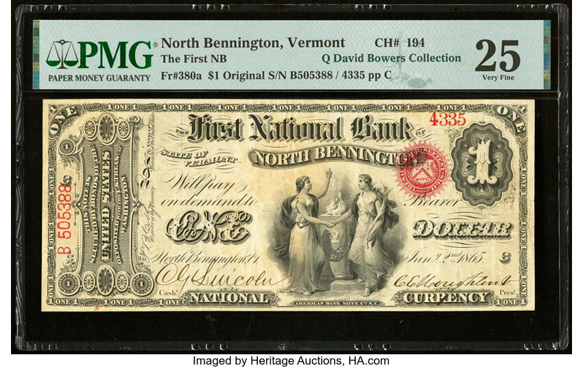 image for: North Bennington, VT - $1 Original Fr. 380a The First National Bank Ch. # 194 PMG Very Fine 25....