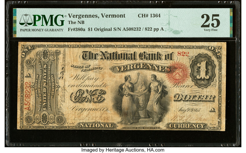 image for: Vergennes, VT - $1 Original Fr. 380a The National Bank of Vergennes Ch. # 1364 PMG Very Fine 25....