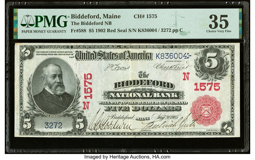image for: Biddeford, ME - $5 1902 Red Seal Fr. 588 The Biddeford National Bank Ch. # (N)1575 PMG Choice Very Fine 35....