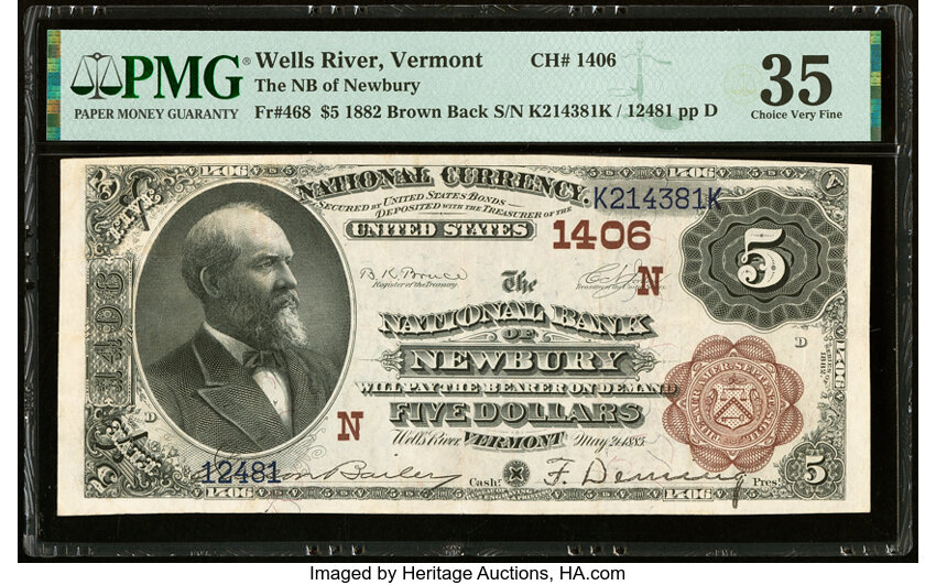 image for: Wells River, VT - $5 1882 Brown Back Fr. 468 The National Bank of Newbury Ch. # (N)1406 PMG Choice Very Fine 35....