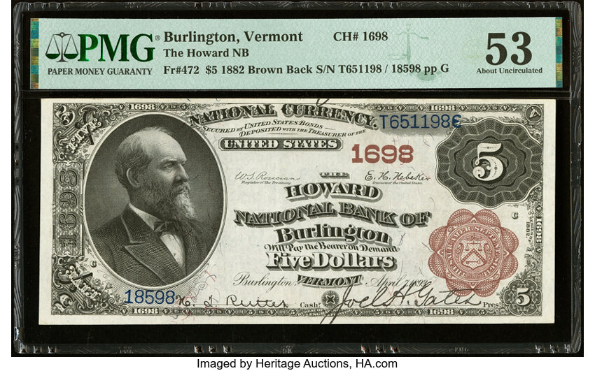 image for: Burlington, VT - $5 1882 Brown Back Fr. 472 The Howard National Bank Ch. # 1698 PMG About Uncirculated 53....
