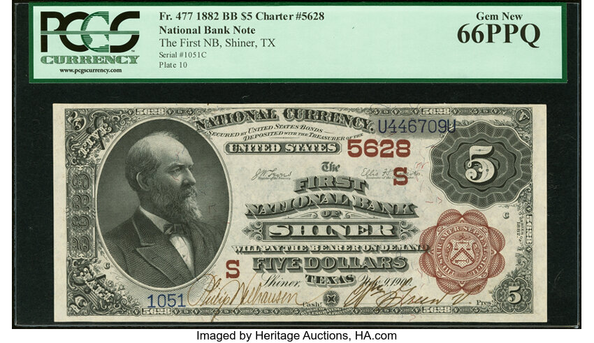 image for: Shiner, TX - $5 1882 Brown Back Fr. 477 The First National Bank Ch. # (S)5628 PCGS Gem New 66PPQ....