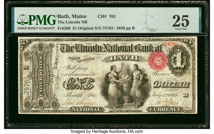 image for: Bath, ME - $1 Original Fr. 380 The Lincoln National Bank Ch. # 761 PMG Very Fine 25....