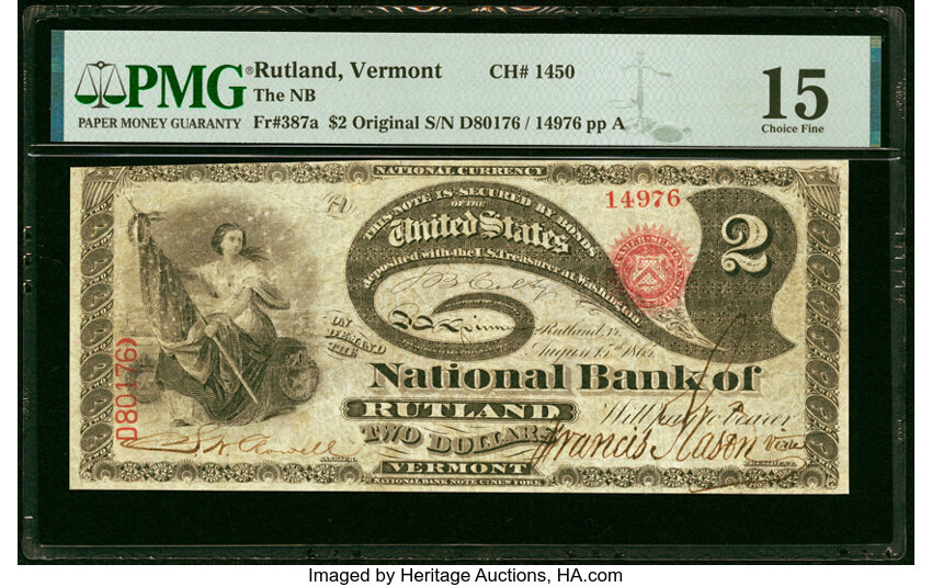 image for: Rutland, VT - $2 Original Fr. 387a The National Bank of Rutland Ch. # 1450 PMG Choice Fine 15....