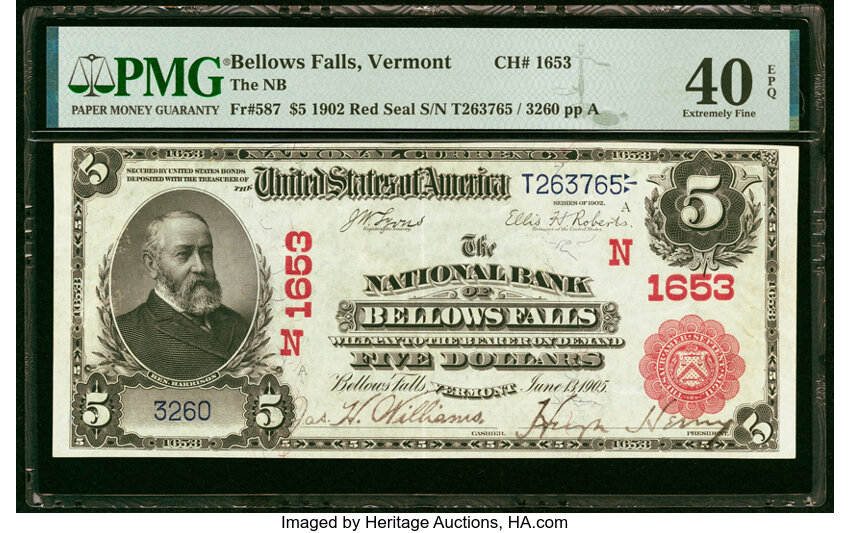 image for: Bellows Falls, VT - $5 1902 Red Seal Fr. 587 The National Bank of Bellows Falls Ch. # (N)1653 PMG Extremely Fine 40 EPQ....